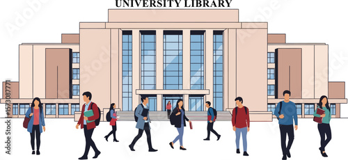 University campus students walking education building college life vector art