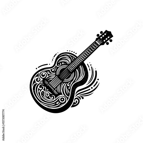 Ornate acoustic guitar illustration, detailed black and white drawing with swirling floral patterns.