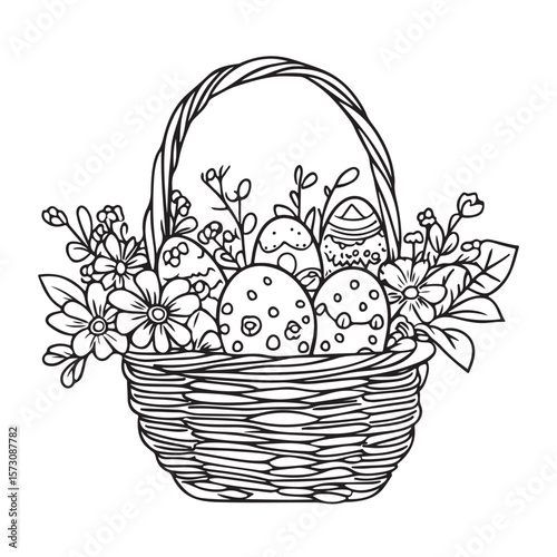 Floral basket with Easter eggs Coloring Page Kids, Decorative basket filled with colorful eggs and flowers for a festive celebration , Floral basket with Easter eggs vector illustration
