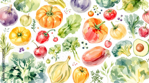 Watercolor background pattern vegetables on white background
