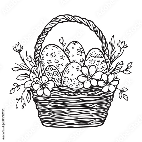 Floral basket with Easter eggs Coloring Page Kids, Decorative basket filled with colorful eggs and flowers for a festive celebration , Floral basket with Easter eggs vector illustration