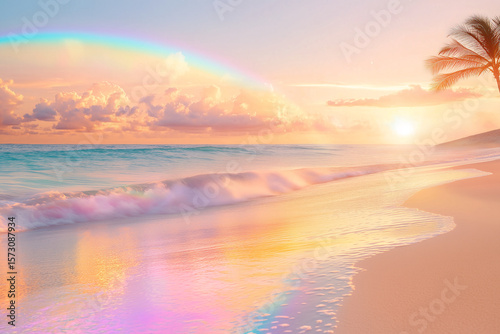 Tropical shoreline at sunset with rainbow reflection on waves