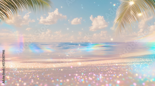Ethereal beach with sparkling sand and pastel rainbow reflections