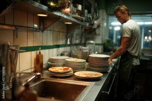 A person is washing dishes in a bustling restaurant kitchen, with stacks of dirty plates and kitchen utensils