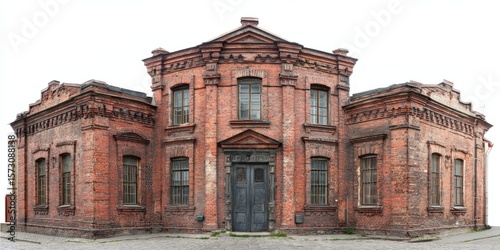 A symmetrical, red brick building with a triangular pediment and arched windows
