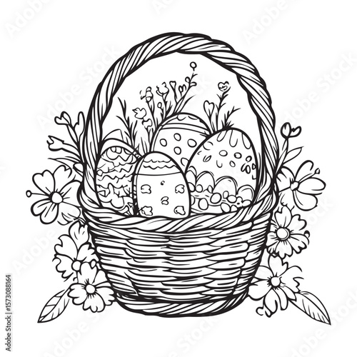 Floral basket with Easter eggs Coloring Page Kids, Decorative basket filled with colorful eggs and flowers for a festive celebration , Floral basket with Easter eggs vector illustration