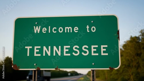 Roadside green metal sign displaying welcome message to tennessee state in daylight with natural