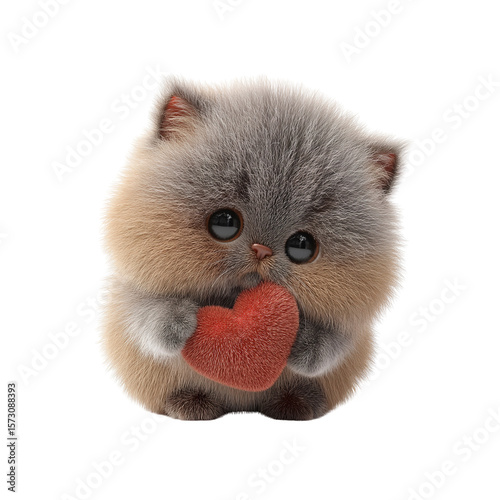 Adorable Fluffy Kitten Holding a Heart