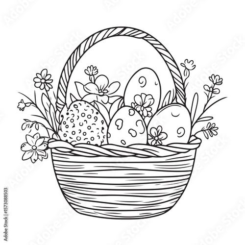 Floral basket with Easter eggs Coloring Page Kids, Decorative basket filled with colorful eggs and flowers for a festive celebration , Floral basket with Easter eggs vector illustration