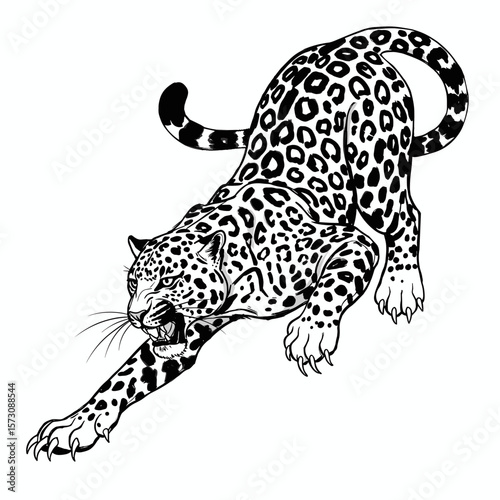 Black and white illustration of leopard jumping with furious expression in asian style, suitable for restaurants, logo, asian packaging, interior decoration