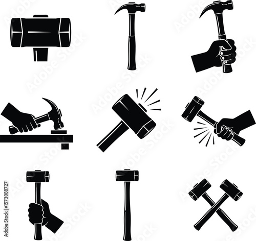 Various hammers and mallets in action and at rest tool striking