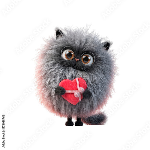 Adorable Fluffy Cat Holding a Heart-Shaped Gift for Valentine's Day