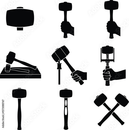 Various mallets and tools for striking and shaping hammer strike