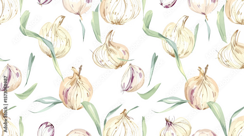 Watercolor background pattern garlic on white background
