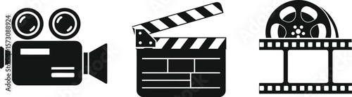 Vintage camera clapperboard film reel icons video
