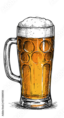Sketch of a beer mug filled with frothy beer on a white background, copy space
