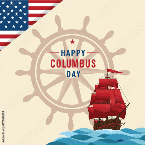 Columbus Day copy space Background Celebration with America flag and Columbus ship silhouette