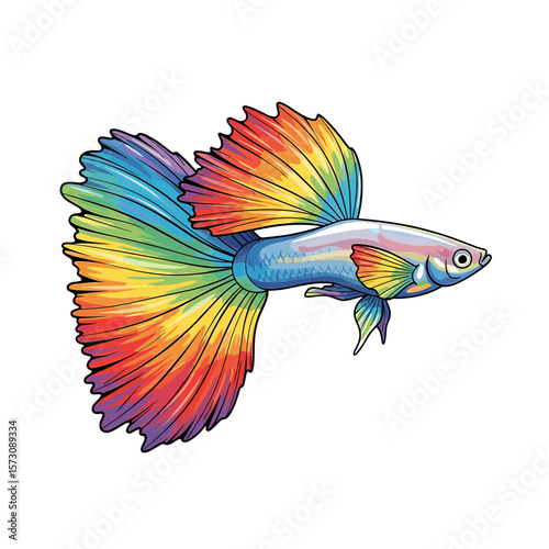 Vibrant colorful illustration of a betta fish with elaborate, rainbow-hued fins.