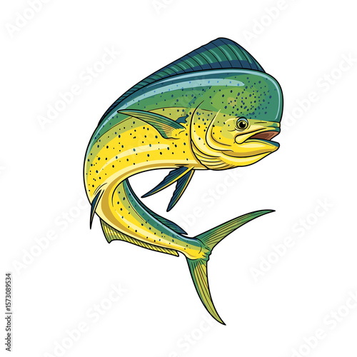 A vibrant illustration of a leaping mahi-mahi, showcasing its yellow and green scales and powerful physique.