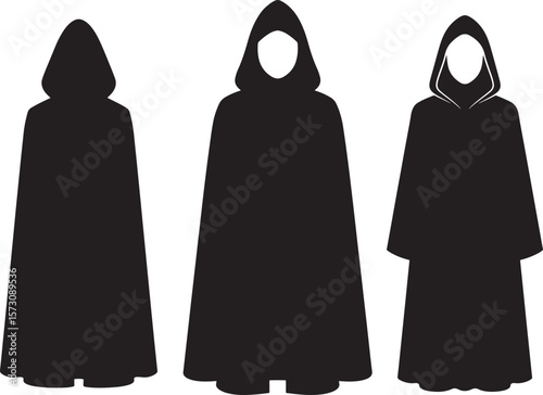 Mysterious hooded figure in a flowing black cloak silhouette
