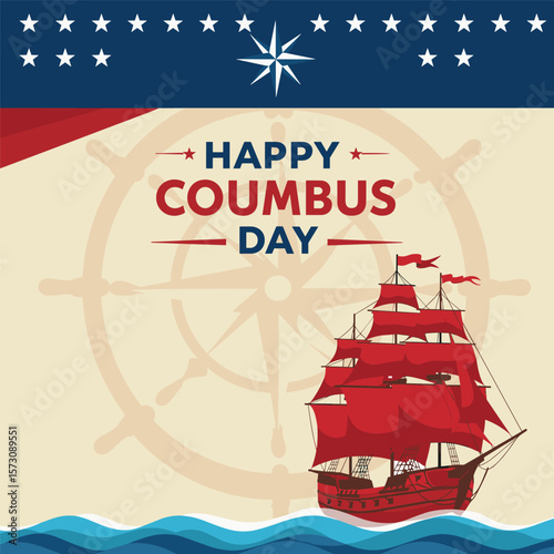 Columbus Day copy space Background Celebration with America flag and Columbus ship silhouette