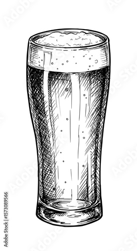 Sketch of a pint glass filled with frothy beer on a white background, copy space
