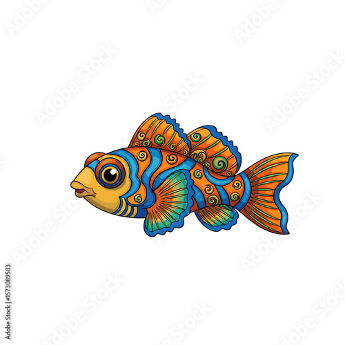 Colorful stylized fish illustration with intricate patterns in orange, blue, and yellow on a white background.