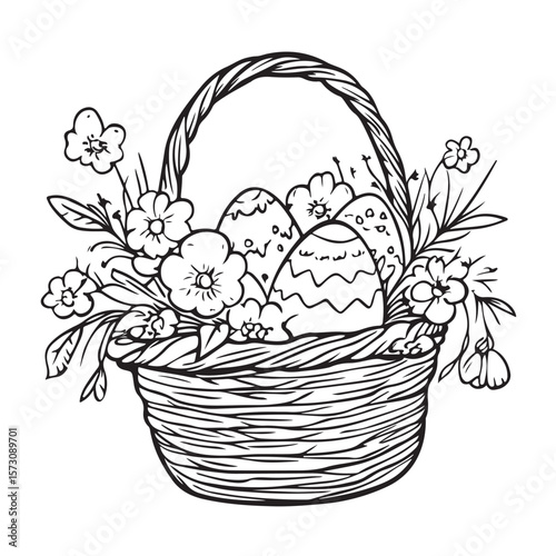 Floral basket with Easter eggs Coloring Page Kids, Decorative basket filled with colorful eggs and flowers for a festive celebration , Floral basket with Easter eggs vector illustration