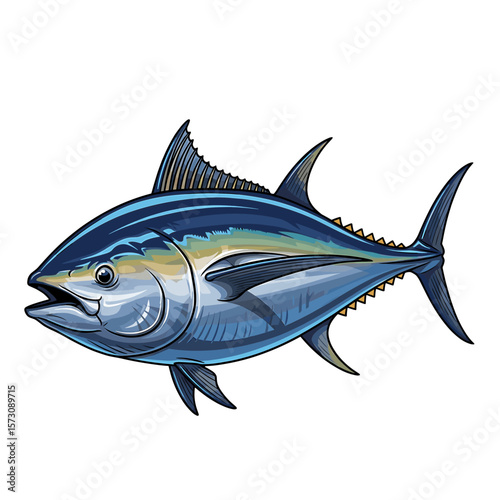 Illustration of a vibrant blue and silver tuna fish with detailed fins and scales, isolated on a white background.