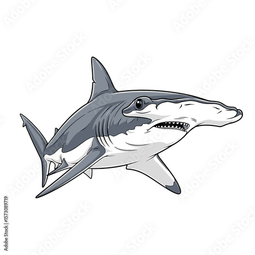 Illustration of a hammerhead shark swimming, showcasing its unique head shape and grey coloring.