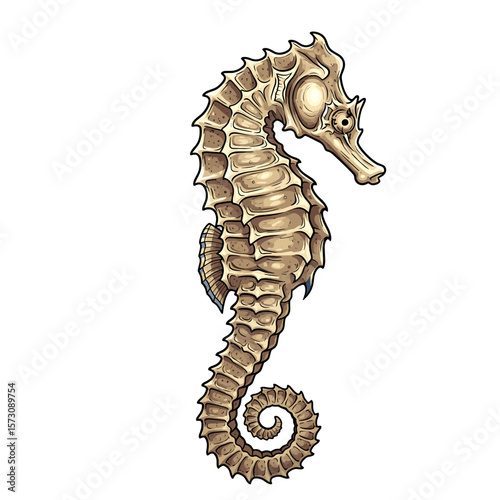 Detailed illustration of a seahorse, showcasing its intricate bony structure and unique form.