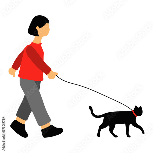 Illustration of Woman Walking Cat on Leash