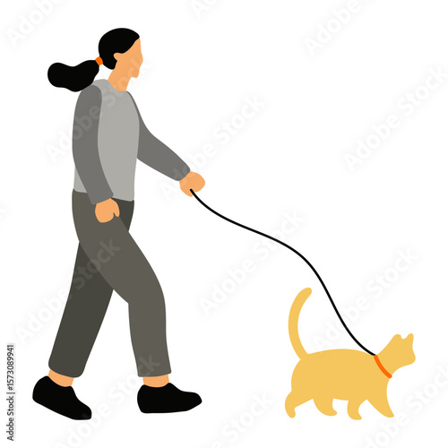 Illustration of Woman Walking Cat on Leash