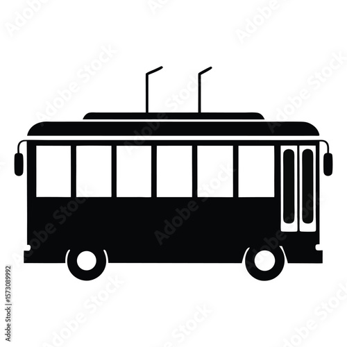 Black silhouette of a classic trolley bus with trolley poles isolated on white background