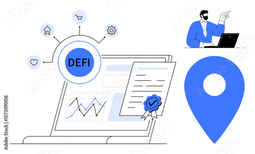 Digital financial report on laptop with decentralized finance icon, analytics, contract signed with seal, and location marker. Ideal for fintech, blockchain, innovation, technology, investment