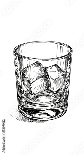 Sketch of a glass tumbler with ice cubes on a white background, copy space