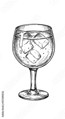 Sketch of a goblet glass with ice cubes and water on a white background, copy space