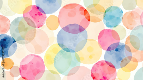 Simple watercolor geometric background. Colorful circles seamless pattern. Hand painted abstract illustration