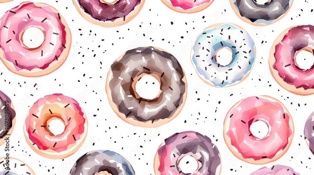 Watercolor pattern of multi-colored donuts with sprinkles on a white background