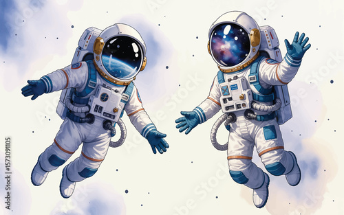 The astronaut on the left wears a light blue and white spacesuit with a reflective visor showing a blue-tinted sky