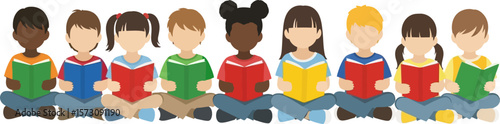 Children reading books together vector illustration for education concept