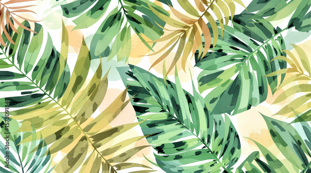 Watercolor pattern palm leaves on white background

