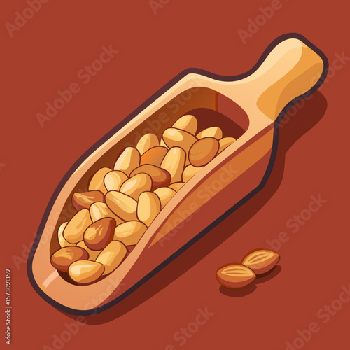 Pine nuts in a wooden scoop with scattered almonds