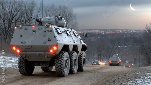 Armored vehicles advance through a foggy forest at night, illuminated by moonlight, creating a tense and dramatic atmosphere