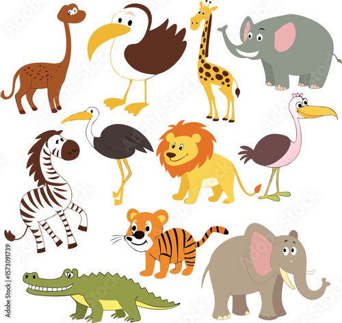 Cartoon Animal Collection with Wild and Farm Creatures in a Cute Vector Set