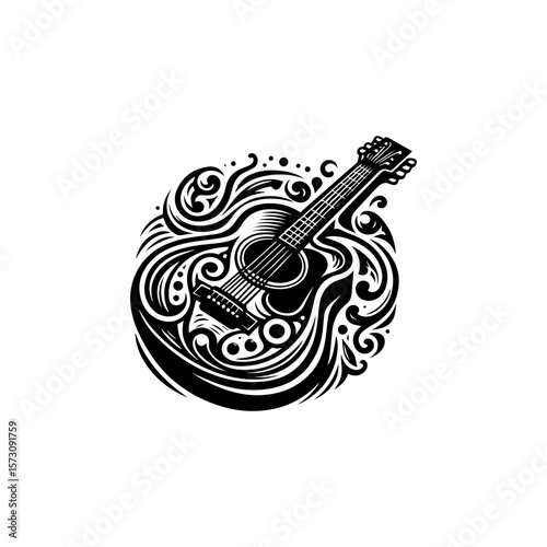 An acoustic guitar is surrounded by swirling, decorative elements in a black and white graphic design.