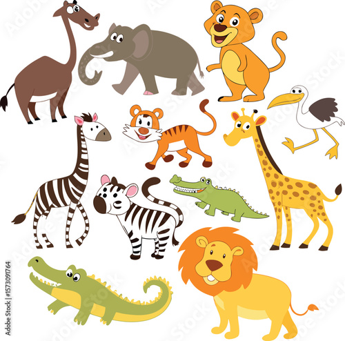 Cartoon Animal Set with Jungle Wildlife Characters and Cute Safari Creatures
