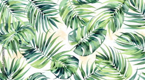 Watercolor background pattern palm leaves on white background