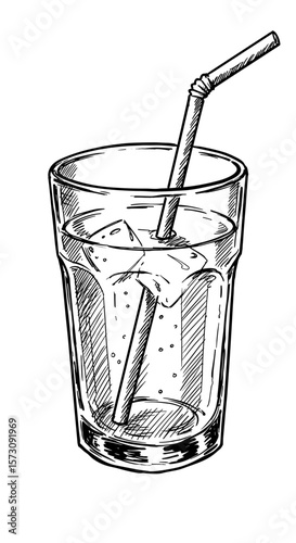 Sketch of a glass tumbler with ice cubes, a straw, and a fizzy drink on a white background, copy space
