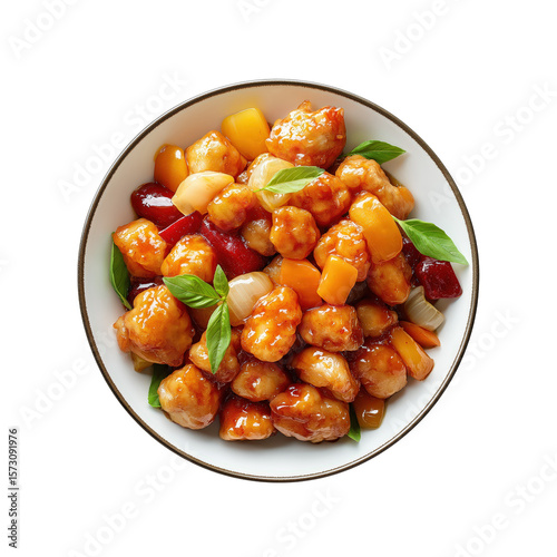 Sweet and sour chicken in a ceramic plate, Gu lou juk, Gu lu rou, Chinese style food, Chinese food, cantonese food, isolated on transparent background, menu photography, food photography